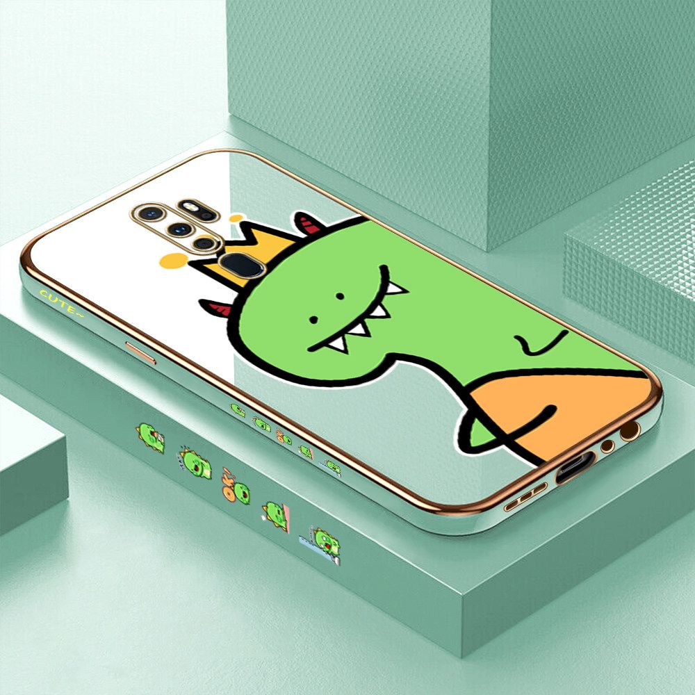 Luxury 6D Plating Case for OPPO A9 2020 Cute Little Dinosaur Side Pattern Back Cover Soft Silicone Square Frame Shiny Bling Phone Cases + Free Lanyard