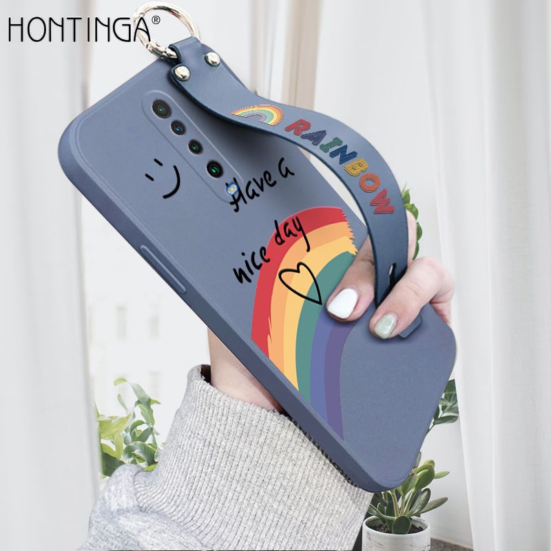 Hontinga for Xiaomi Redmi K30 Wrist Strap Case Lovely Graffiti Rainbow Smile Thin Phone Cover Square Edge Liquid Silicone Creativity Phone Case