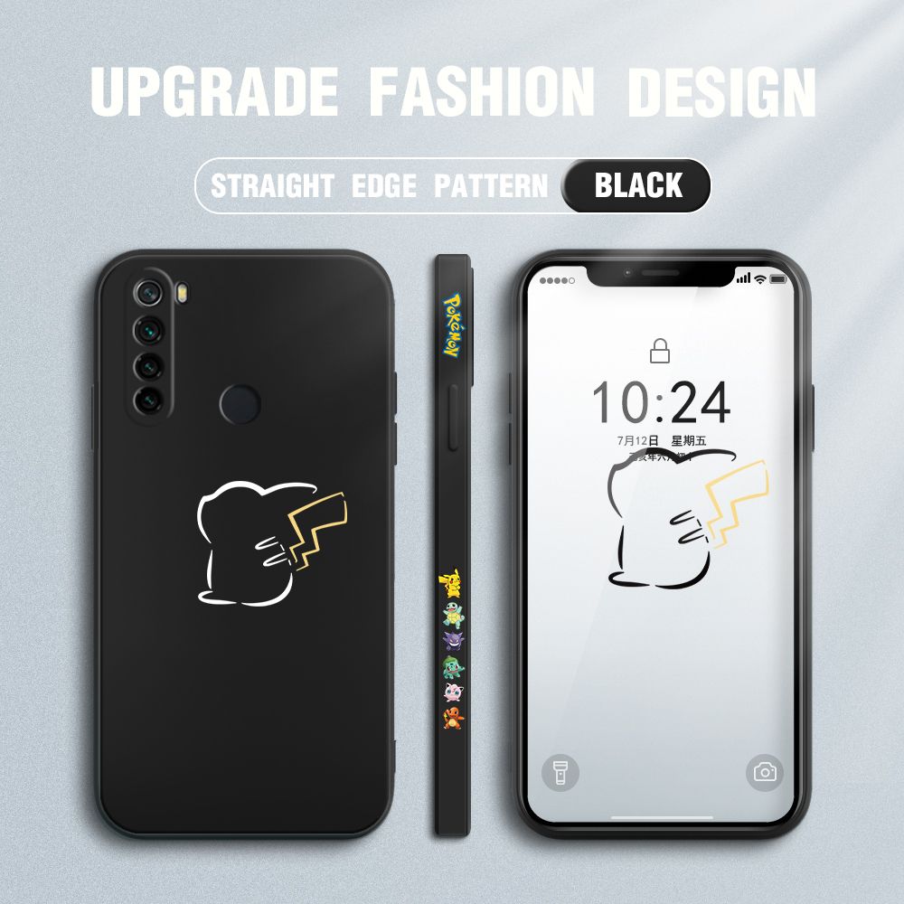 Jizetin for Xiaomi Redmi Note 8 Case New Pikachu Pokémon Design Side Design Phone Case Square Edge Pattern Liquid Silicone Cases Full Cover Camera Soft Protection Case
