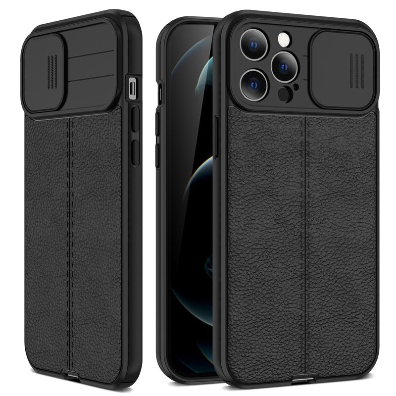 Slide Camera Lens Protection Case For iPhone 13 12 11 Pro Max XR XS X 6 7 8 Plus Mini SE Leather Texture Cooling Soft Back Cover