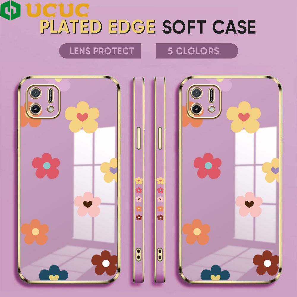 UCUC for OPPO A16K A16E Back Cover + Free Lanyard INS Style Flower Luxury 6D Plating Case Side Pattern Soft Silicone Square Phone Cases