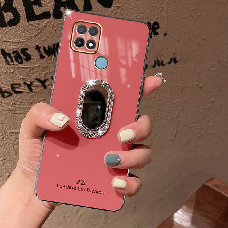 For Realme C21Y Back Cover + Rhinestone Ring Holder Stand Shiny Plating Square Bumper Girls Phone Case Soft TPU Silicone Shockproof Protective Cover