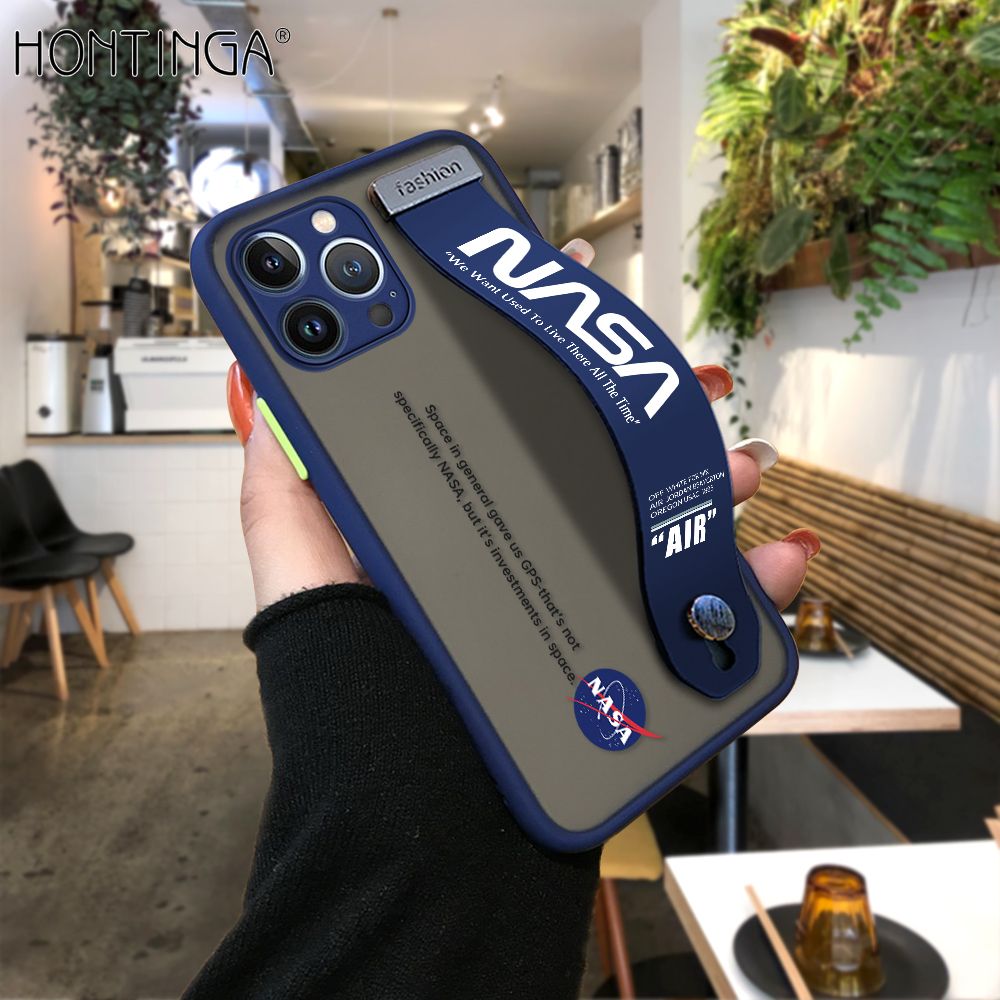 Hontinga for iPhone 13 Pro Back Cover With Wristband Popular Space Astronaut Phone Casee Full Lens Protection Thin Frosted Cases