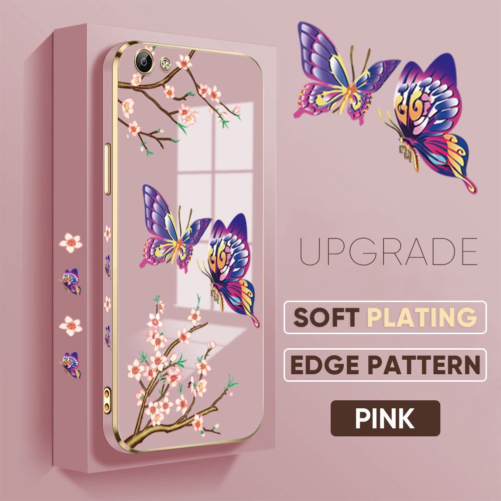 Jizetin (Free Lanyard) Vivo Y65 Y66 Back Cover Peach Blossom and Butterfly Luxury 6D Plating Case Side Pattern Soft Silicone Square Mobile Phone Cases
