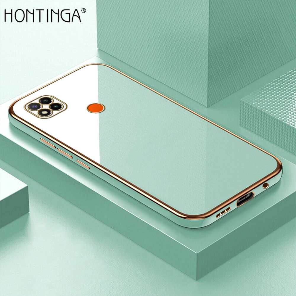 Hontinga for Redmi 9C / Redmi 10A Back Cover + Free Lanyard Luxury 6D Plating Frame Shiny Bling Case Soft Silicone Square Mobile Cover