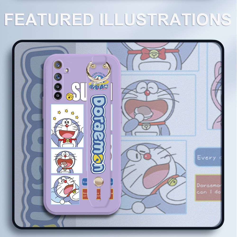 UCUC for Realme 6 Pro Wrist Strap Case Creative Cartoon Doraemon's Daily Life Cover Ultra Thin Anti Fall Liquid Silicone Phone Case