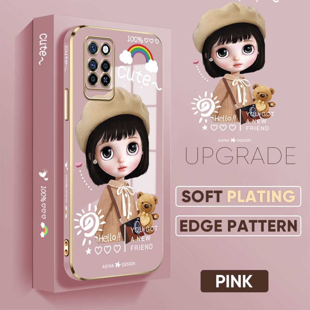 Jizetin (Free Lanyard) Infinix Note 10 Pro / Note 10 Pro NFC Back Cover Fashion Girl Luxury 6D Plating Case Side Pattern Soft Silicone Square Phone Cases
