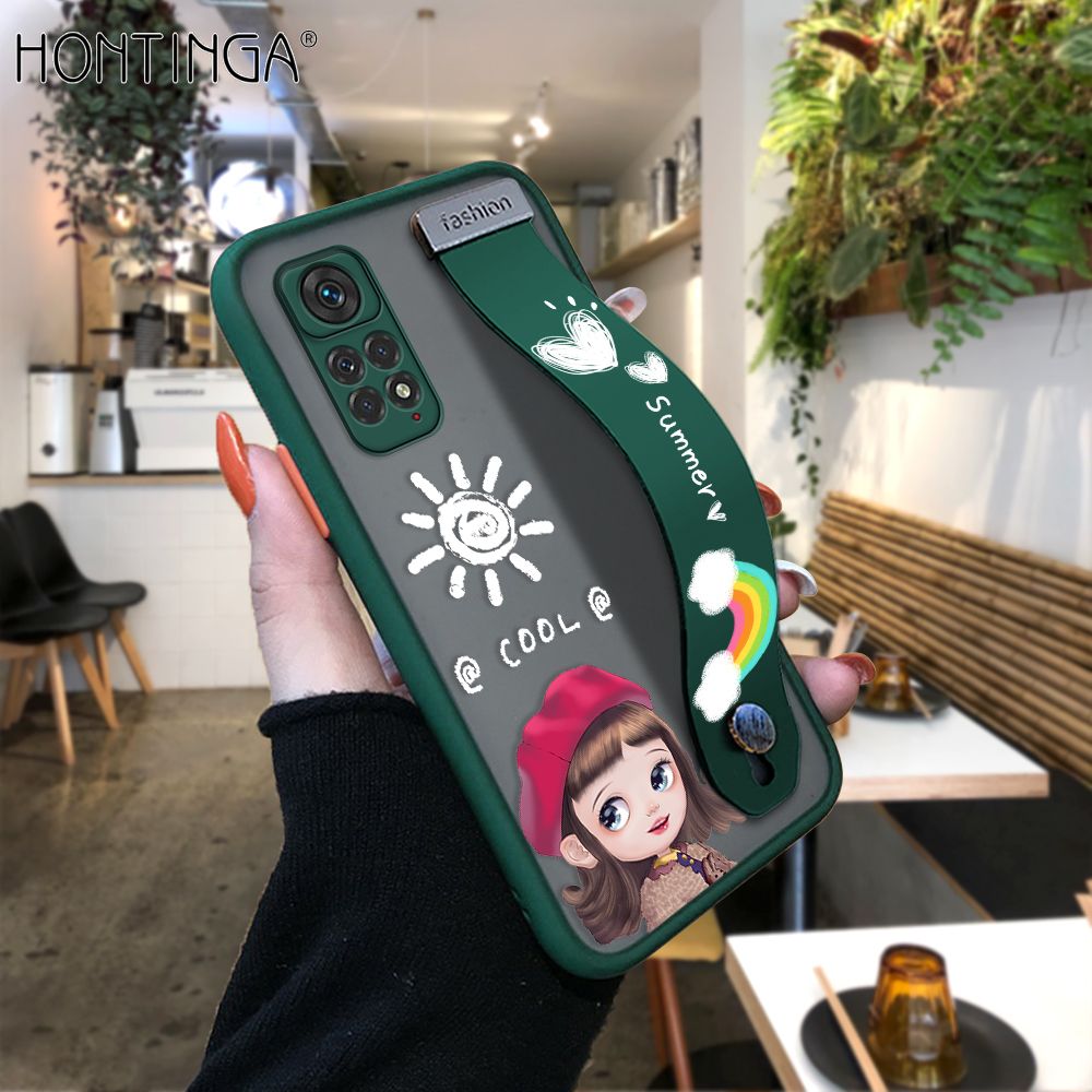 Hontinga for Xiaomi Redmi Note 11 / Note 11S Back Cover With Wristband Cute Red Hood Girl Phone Casee Full Lens Protection Thin Frosted Cases