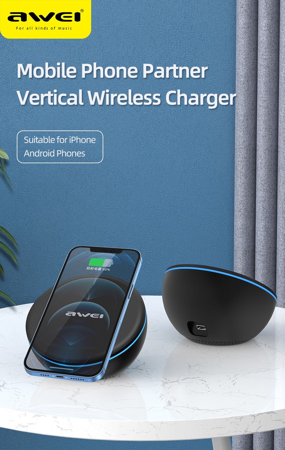 Awei W11 Magnetic Wireless Charger Qi Fast Charging 10w Support QC3.0 PD Smart Phones