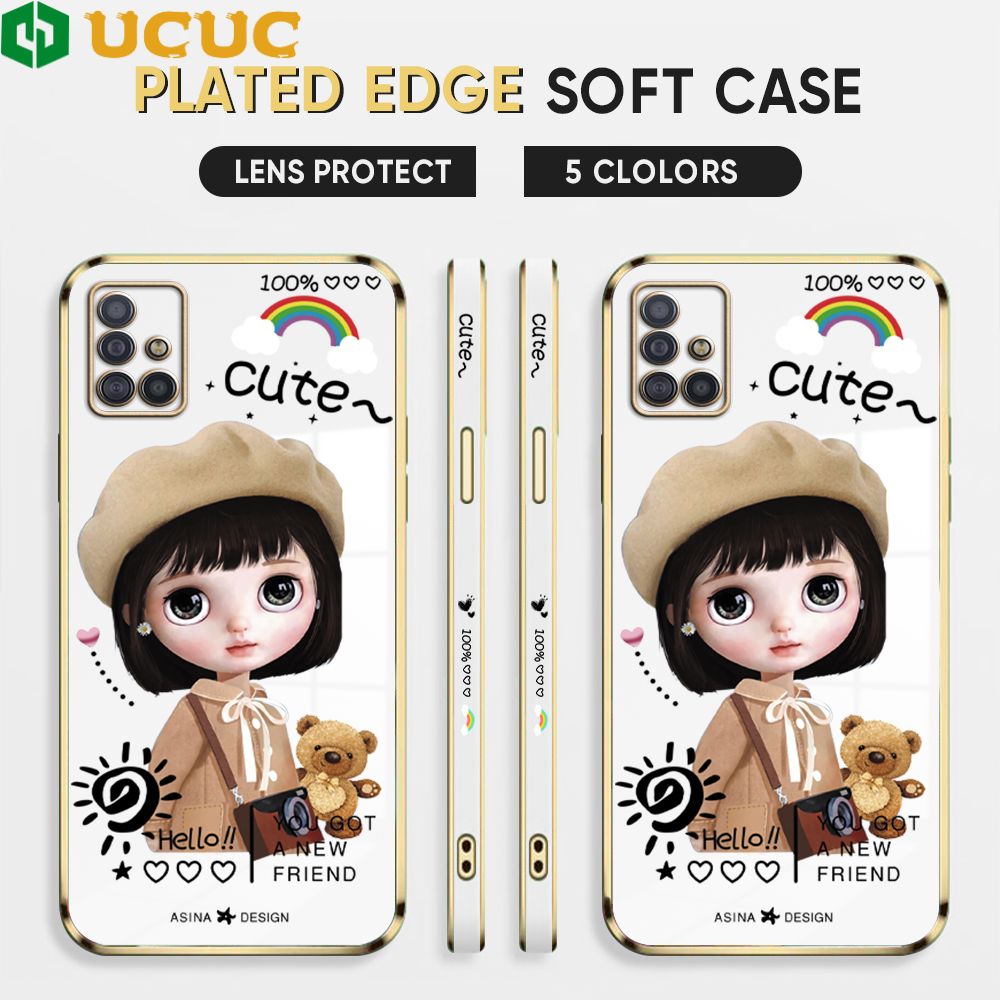UCUC for Samsung Galaxy A51 Back Cover + Free Lanyard Sunshine Girl Luxury 6D Plating Case Side Pattern Soft Silicone Square Phone Cases