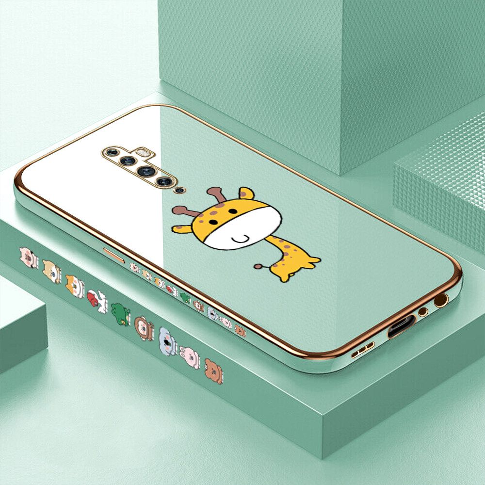 Luxury 6D Plating Case for OPPO Reno2 F Color Cute Giraffe Side Pattern Back Cover Soft Silicone Square Frame Shiny Bling Phone Cases + Free Lanyard