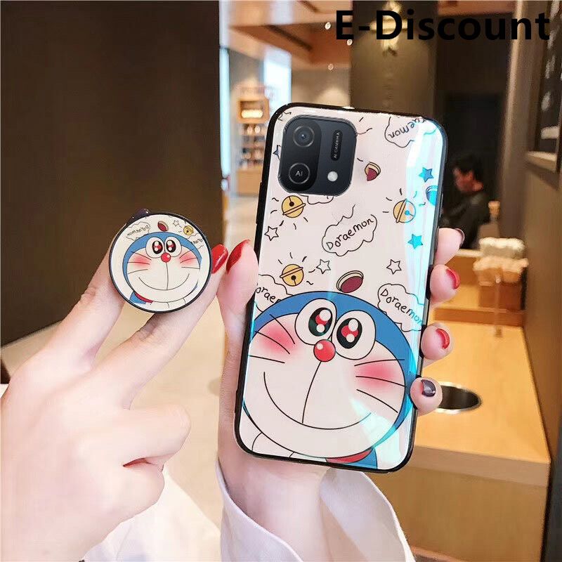For OPPO A16E Case Cute 3D Cartoon Blue Light Happy Doraemon Soft Couple Cases Stand Holder for OPPO A16 E Back Cover
