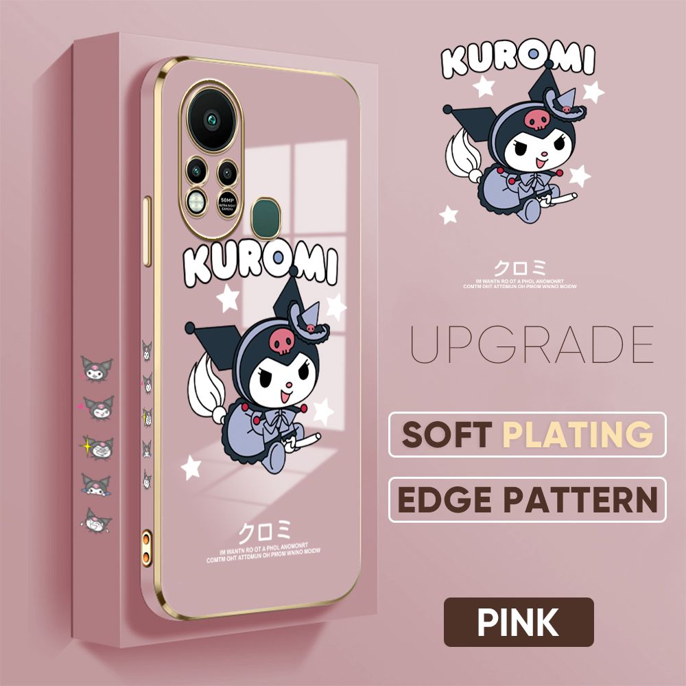 Jizetin (Free Lanyard) Infinix Hot 11S Back Cover Kuromi Luxury 6D Plating Case Side Pattern Soft Silicone Square Phone Cases