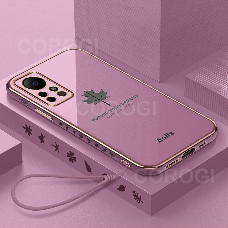 For Infinix Note 11s Back Cover + Wrist Strap Fashion Shiny Maple leaf Plating Square Bumper Phone Case Soft TPU Silicone Shockproof Protective Cover
