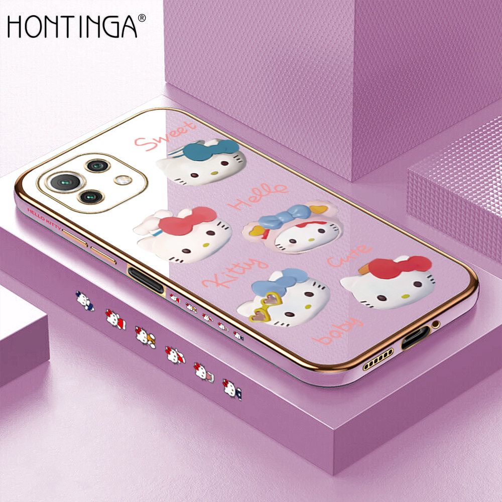 Hontinga for Xiaomi 11 Lite 5G / 4G / 11 Lite NE Back Cover + Free Lanyard Luxury 6D Plating Cartoon Cute Kitty Side Pattern Case Soft Silicone Square Phone Cases