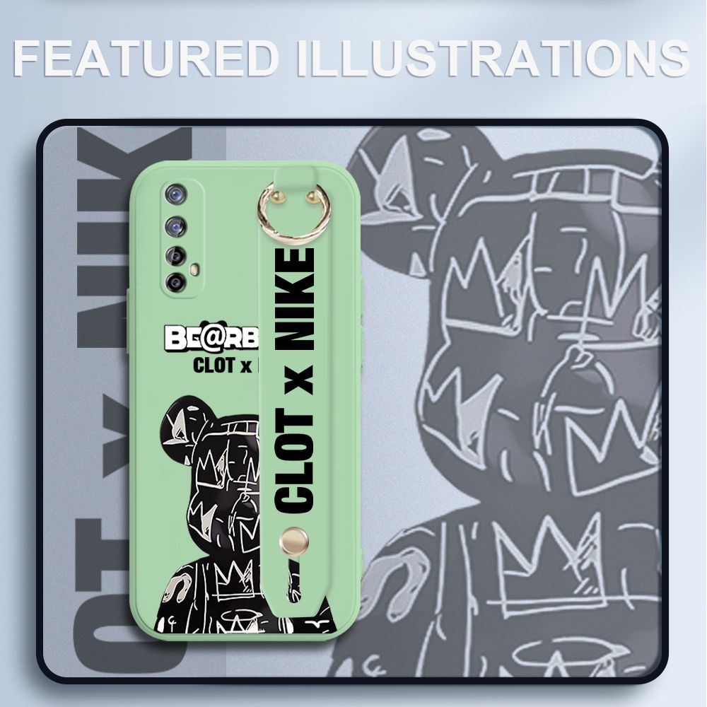 UCUC for Realme Narzo 20 Pro Wrist Strap Case Creative Cartoon Black Stitching Bear Cover Ultra Thin Anti Fall Liquid Silicone Phone Case