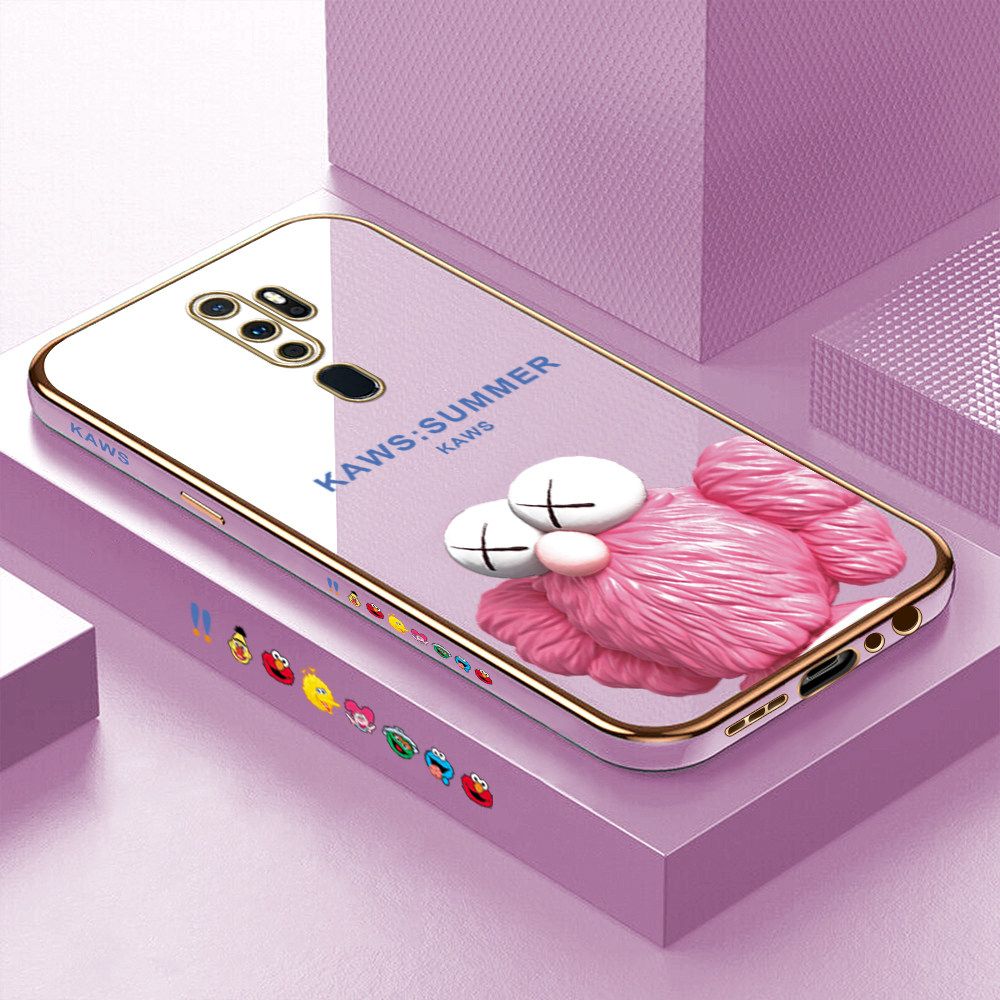 Luxury 6D Plating Soft Casing Silicone Square Frame Phone Case For OPPO A9 2020 Case Shiny Bling Back Cover Cartoon Pink Doll Square Edge Pattern Design Soft Case + Free Lanyard