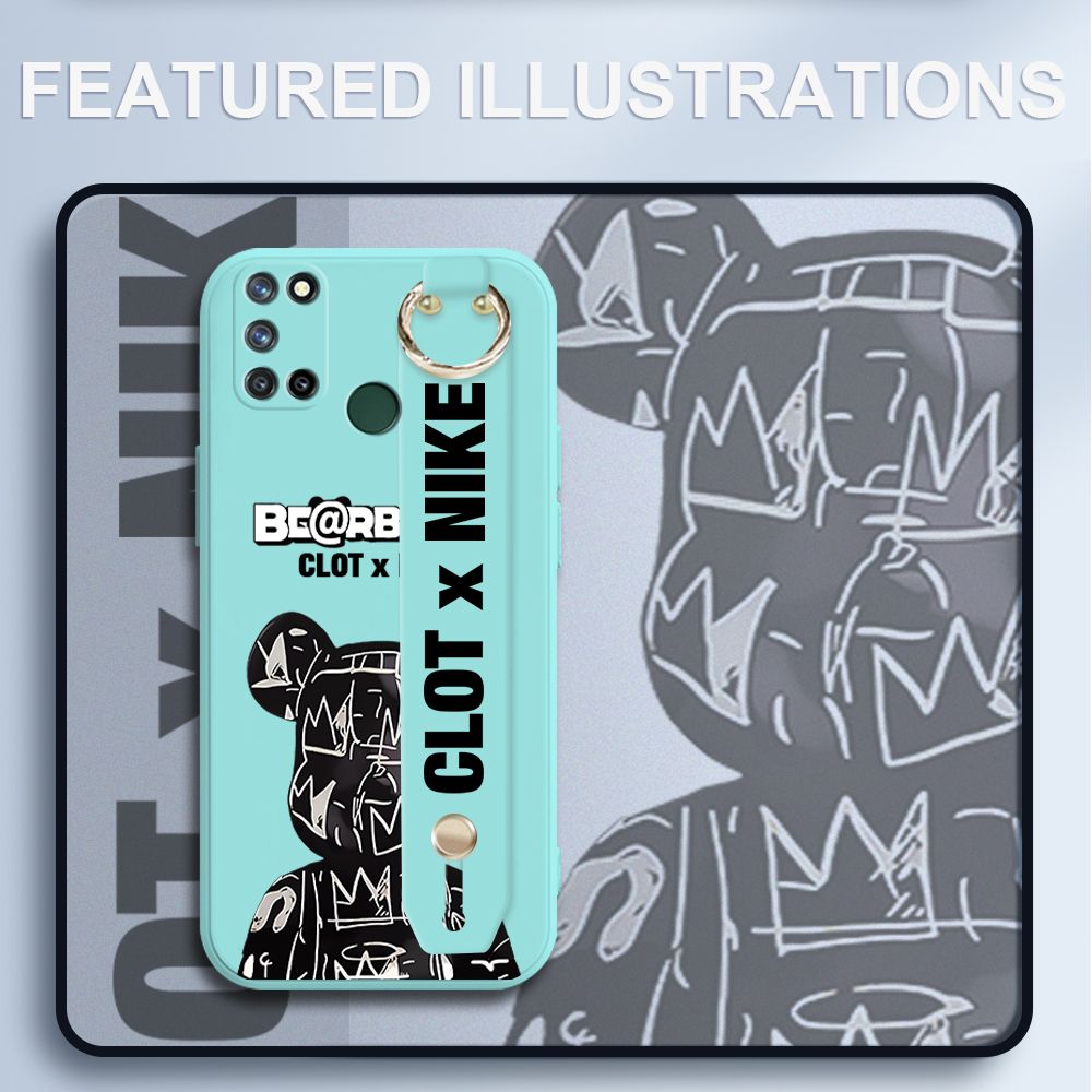 UCUC for Realme C17 Wrist Strap Case Creative Cartoon Black Stitching Bear Cover Ultra Thin Anti Fall Liquid Silicone Phone Case