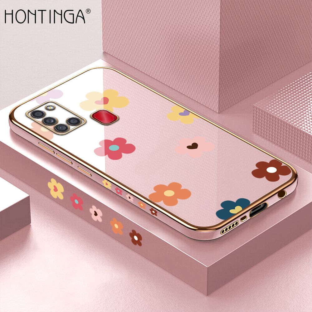 Hontinga for Samsung A21S Back Cover + Free Lanyard Luxury 6D Plating Cartoon Flowers Side Pattern Case Soft Silicone Square Mobile Cover