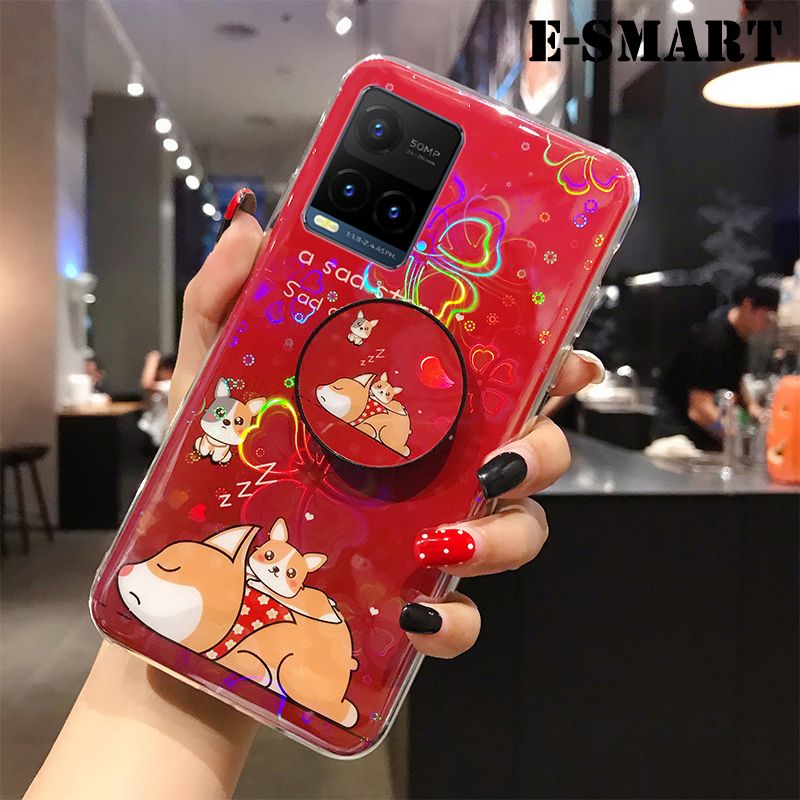 For VIVO Y33 Case Cute Cartoon Bear Cases Soft Silicone Bracket Holder stand case Colorful Cherry Blossoms For VIVO Y33 Case