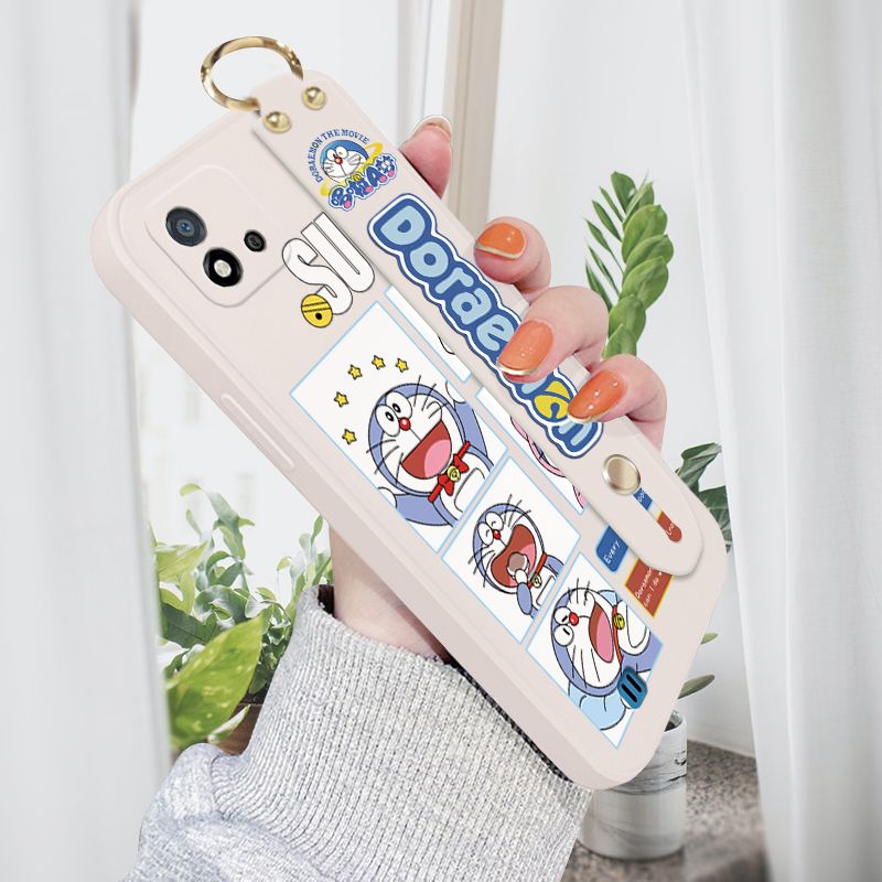 Jizetin for Realme C11 2021 / C20 / C20A Wrist Strap Case Creative Cartoon Doraemon's Daily Life Cover Ultra Thin Anti Fall Liquid Silicone Phone Case