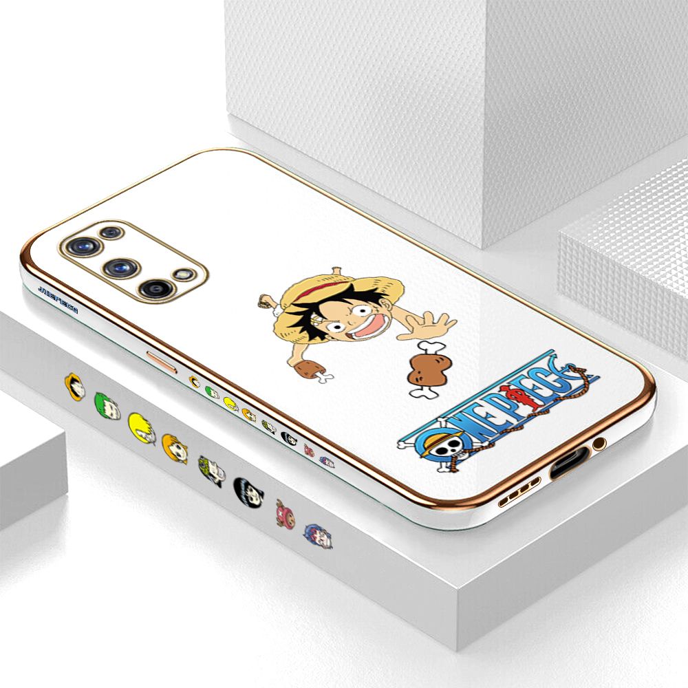 Luxury 6D Plating Case for Realme X7 Pro Gluttonous Cartoon Luffy Side Pattern Back Cover Soft Silicone Square Frame Shiny Bling Phone Cases + Free Lanyard