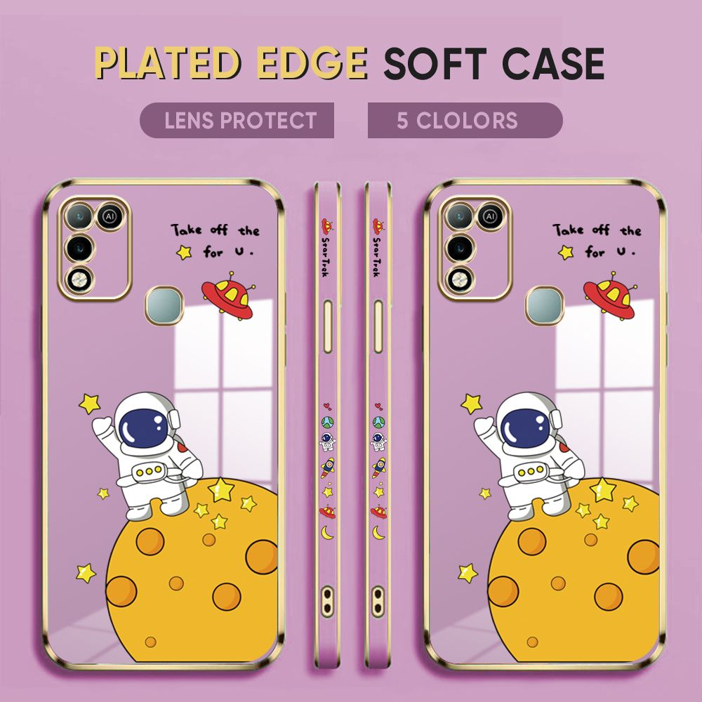 Luxury 6D Plating Case for Infinix Hot 10 Play / Hot 11 Play Back Cover Cute Cartoon Happy Astronaut Side Pattern Soft Silicone Square Phone Cases