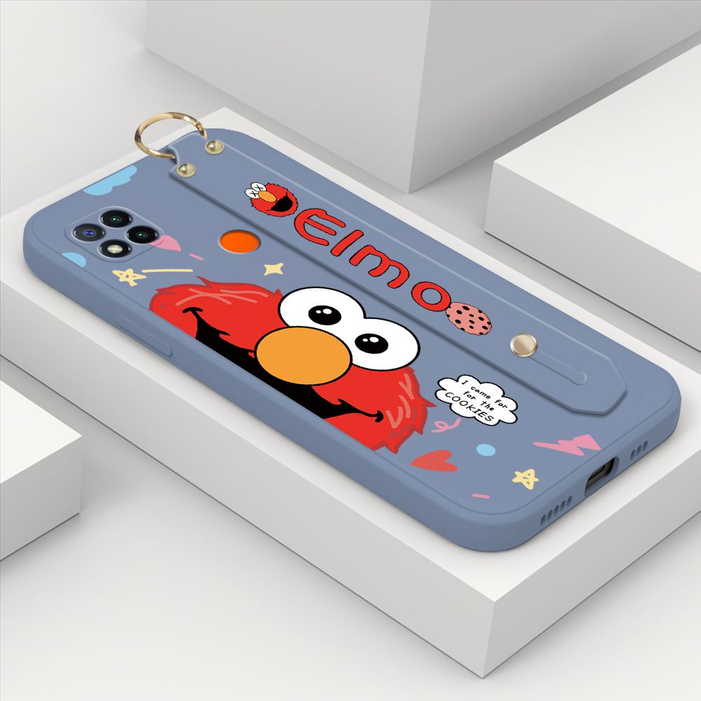 ZeroQiQi for Xiaomi Redmi 9C Wrist Strap Case Cute Cute Cartoon Little Monster Phone Cover Square Edge Liquid Silicone Case Full Cover Camera Shockproof Protective Cases
