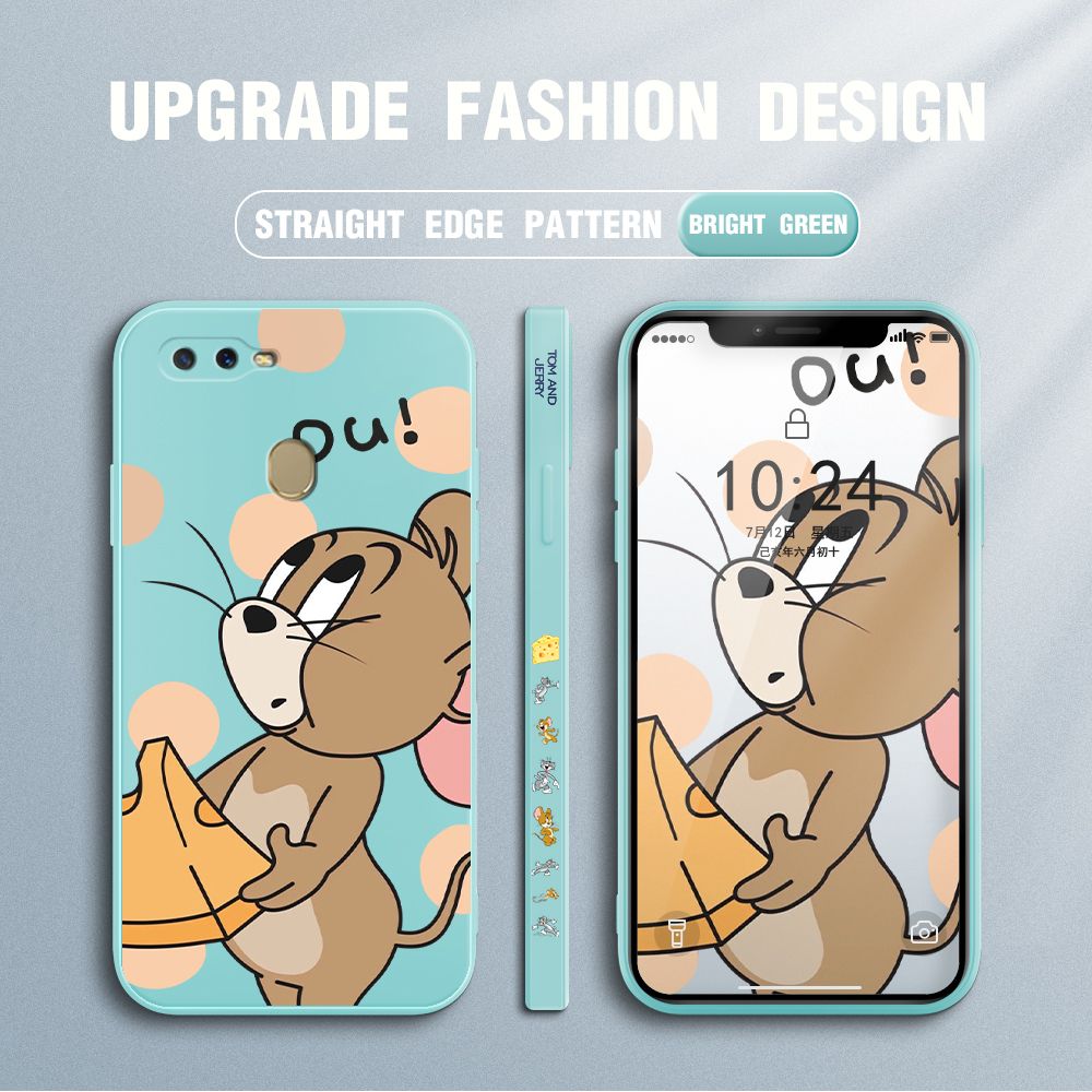 Jizetin for OPPO A7 Case Tom and Jerry Design Side Design Phone Case Square Edge Pattern Liquid Silicone Cases Full Cover Camera Shockproof Protective Case
