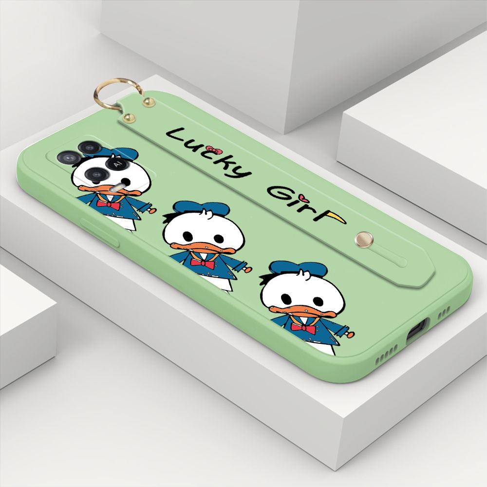 ZeroQiQi for OPPO A54 2021 Wrist Strap Case Cute Cartoon Little Duck Phone Case Square Edge Liquid Silicone Case Full Cover Camera Shockproof Protective Cases