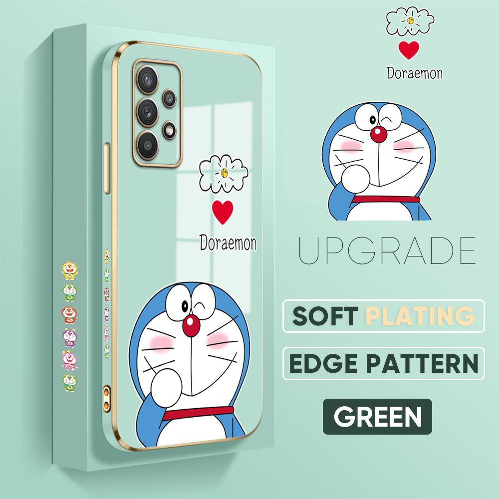 Jizetin (Free Lanyard) Samsung A32 Cover Sneak Doraemon Luxury 6D Plating Soft Casing Silicone Square Frame Phone Case Shiny Bling Back Cover