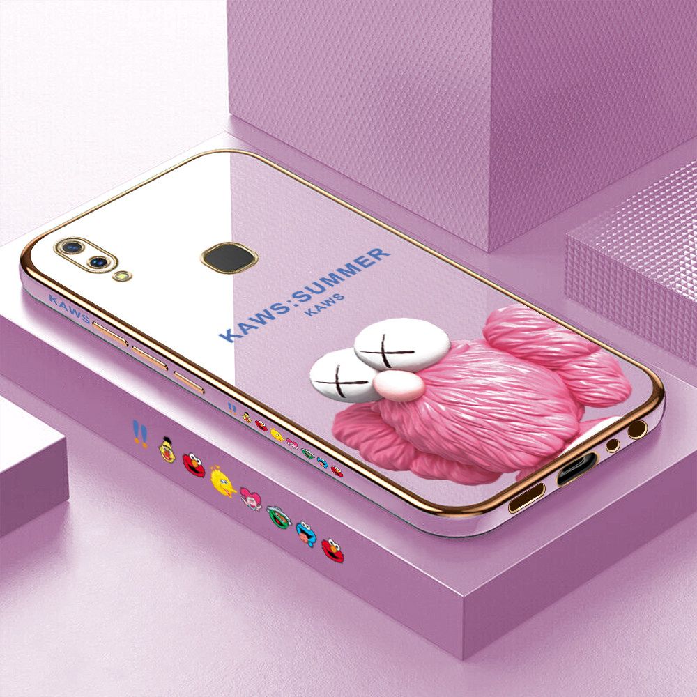 Luxury 6D Plating Soft Casing Silicone Square Frame Phone Case For Vivo V9 Case Shiny Bling Back Cover Cartoon Pink Doll Square Edge Pattern Design Soft Case + Free Lanyard
