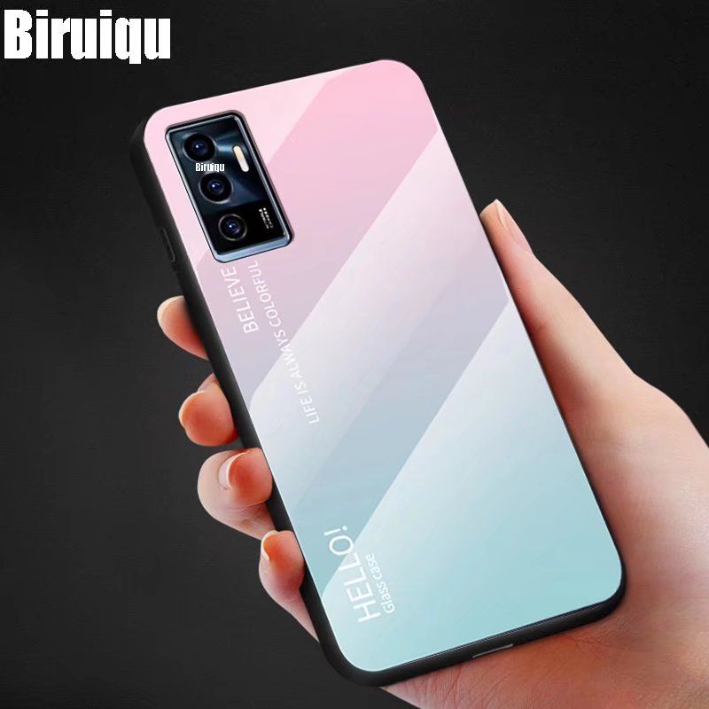 Biruiqu For VIVO V23e Shockproof Gradient Tempered Glass Back Soft Silicone Edge Case Cover