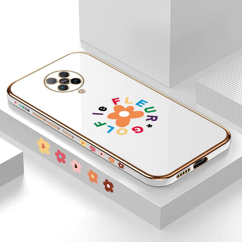 Luxury 6D Plating Case for Xiaomi Poco F2 Pro Cartoon Flower Side Pattern Back Cover Soft Silicone Square Frame Shiny Bling Phone Cases + Free Lanyard