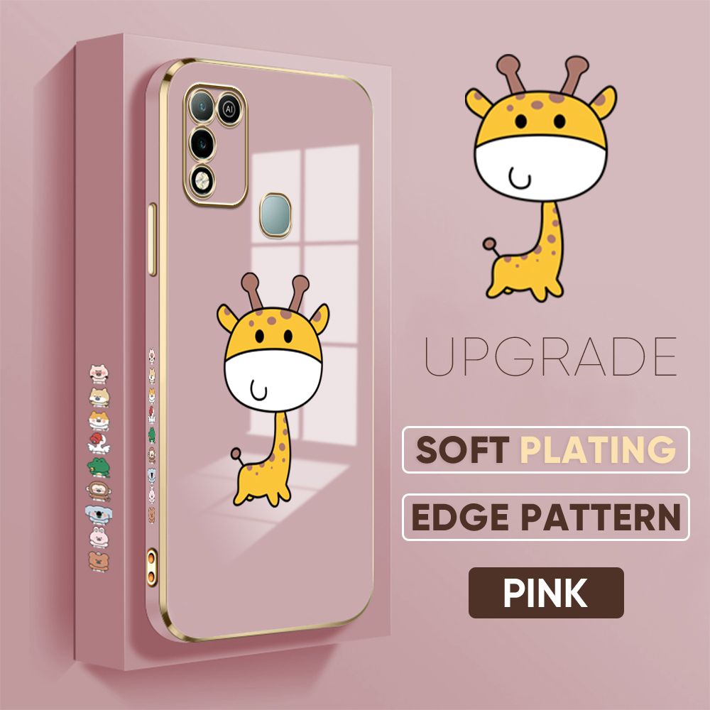 Jizetin (Free Lanyard) Infinix Hot 10 Play / Hot 11 Play Back Cover Mini Giraffe Luxury 6D Plating Case Side Pattern Soft Silicone Square Phone Cases