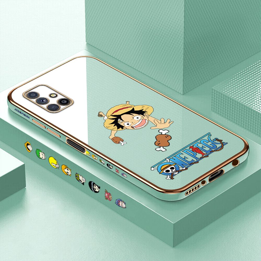 Luxury 6D Plating Case for Samsung M51 Cartoon Meaty Luffy Side Pattern Back Cover Soft Silicone Square Phone Cases + Free Lanyard