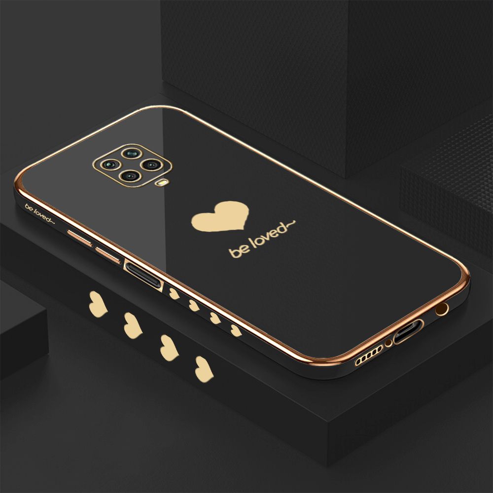 Luxury 6D Plating Case for Xiaomi Redmi Note 9S Lover Heart Side Pattern Back Cover Soft Silicone Square Phone Cases + Free Lanyard