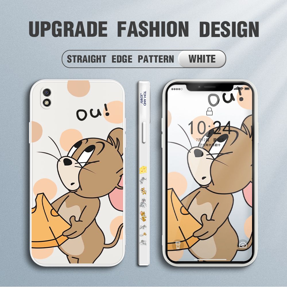 Jizetin for Xiaomi Redmi 9A Case Tom and Jerry Design Side Design Phone Case Square Edge Pattern Liquid Silicone Cases Full Cover Camera Shockproof Protective Case