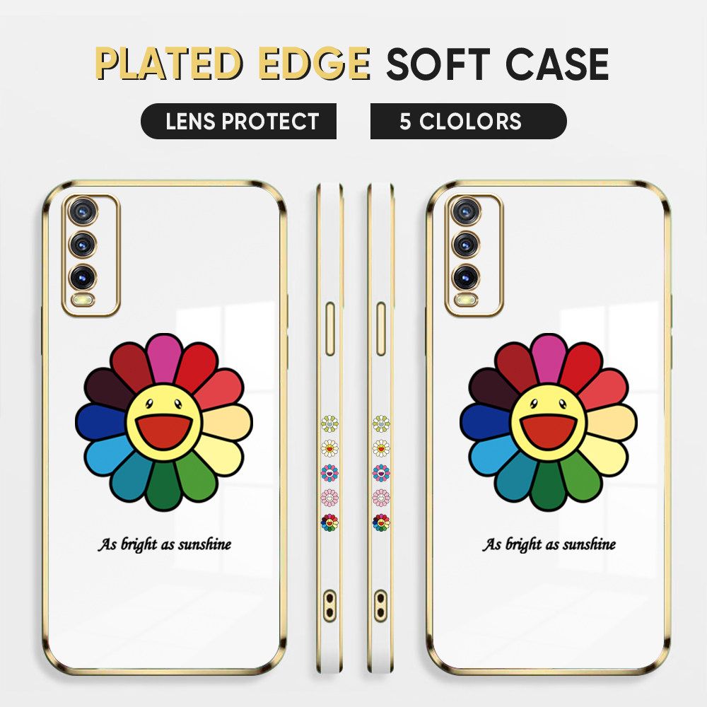 Luxury 6D Plating Case for Vivo Y20S Phone Cases Fashion Popular Sun Flower Side Print Soft Silicone Square Back Cover