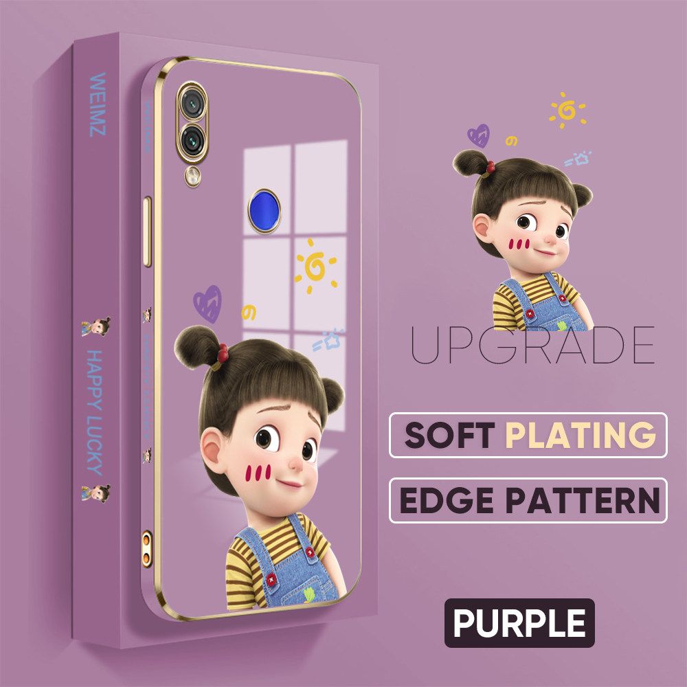 TA for Redmi Note 7 Note 7 Pro Back Cover + Free Lanyard Naughty Girl Luxury 6D Plating Case Side Pattern Soft Silicone Square Phone Cases