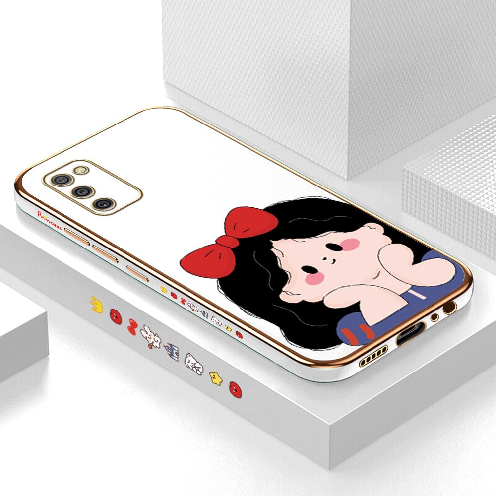 Luxury 6D Plating Case for Samsung A02S Cartoon Bow Girl Side Pattern Back Cover Soft Silicone Square Phone Cases + Free Lanyard