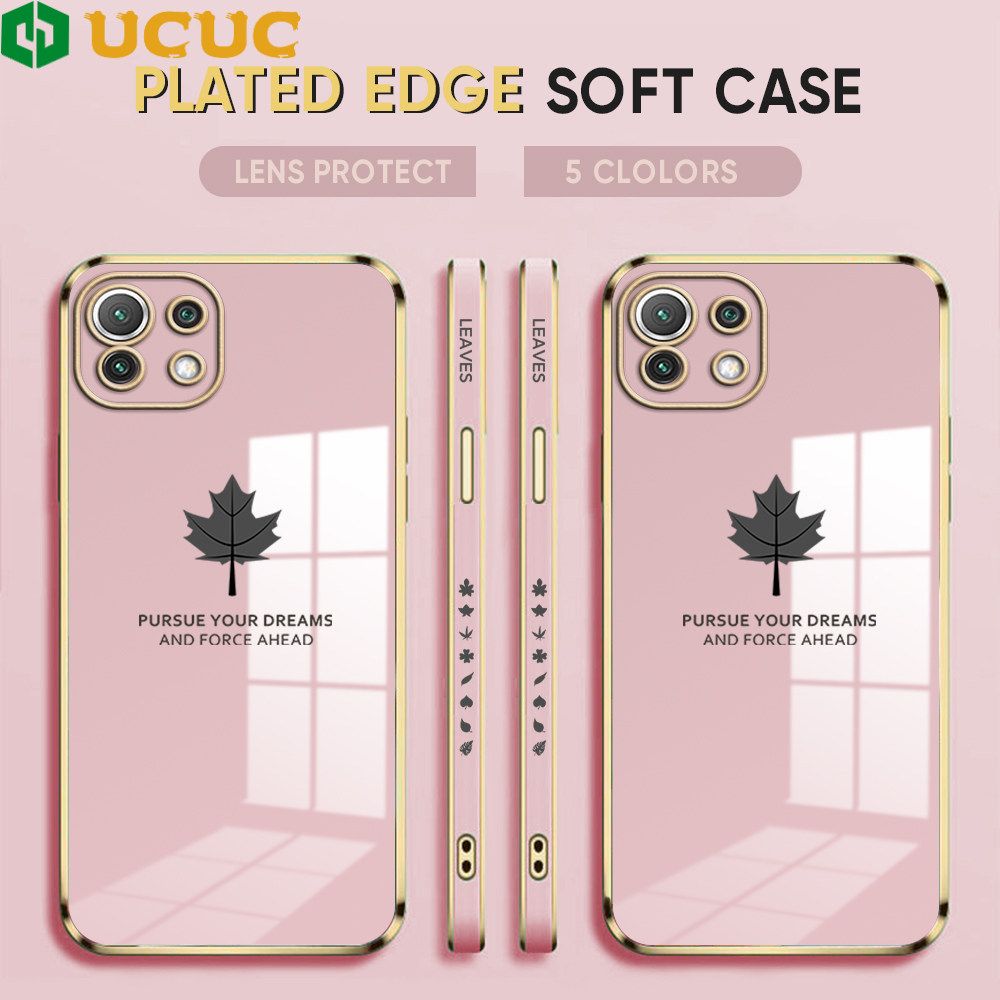 UCUC for Xiaomi 11 Lite 5G NE / 11 Lite 5G / 11 Lite Back Cover + Free Lanyard Maple Leaf Luxury 6D Plating Case Side Pattern Soft Silicone Square Phone Cases