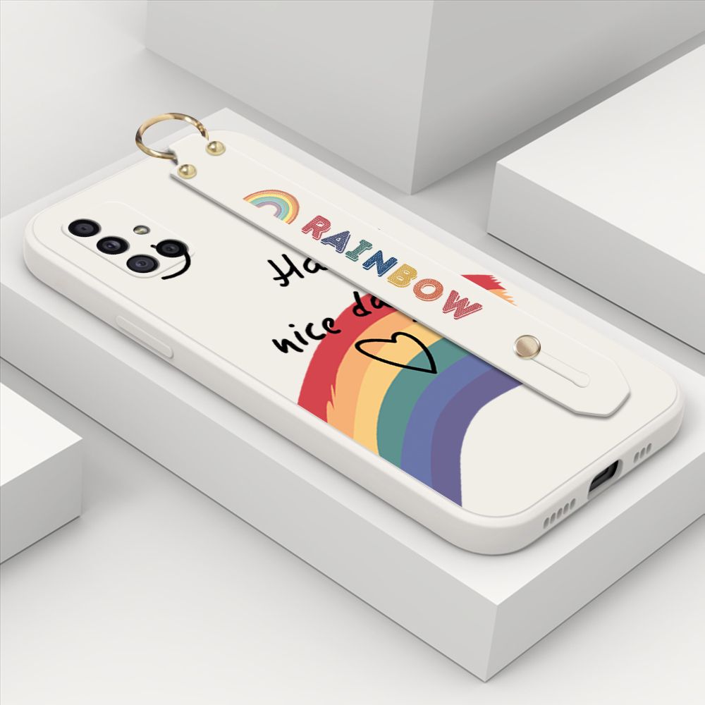 ZeroQiQi for Samsung Galaxy M51 Wrist Strap Case Lovely Graffiti Rainbow Smile Thin Phone Cover Square Edge Liquid Silicone Creativity Phone Case