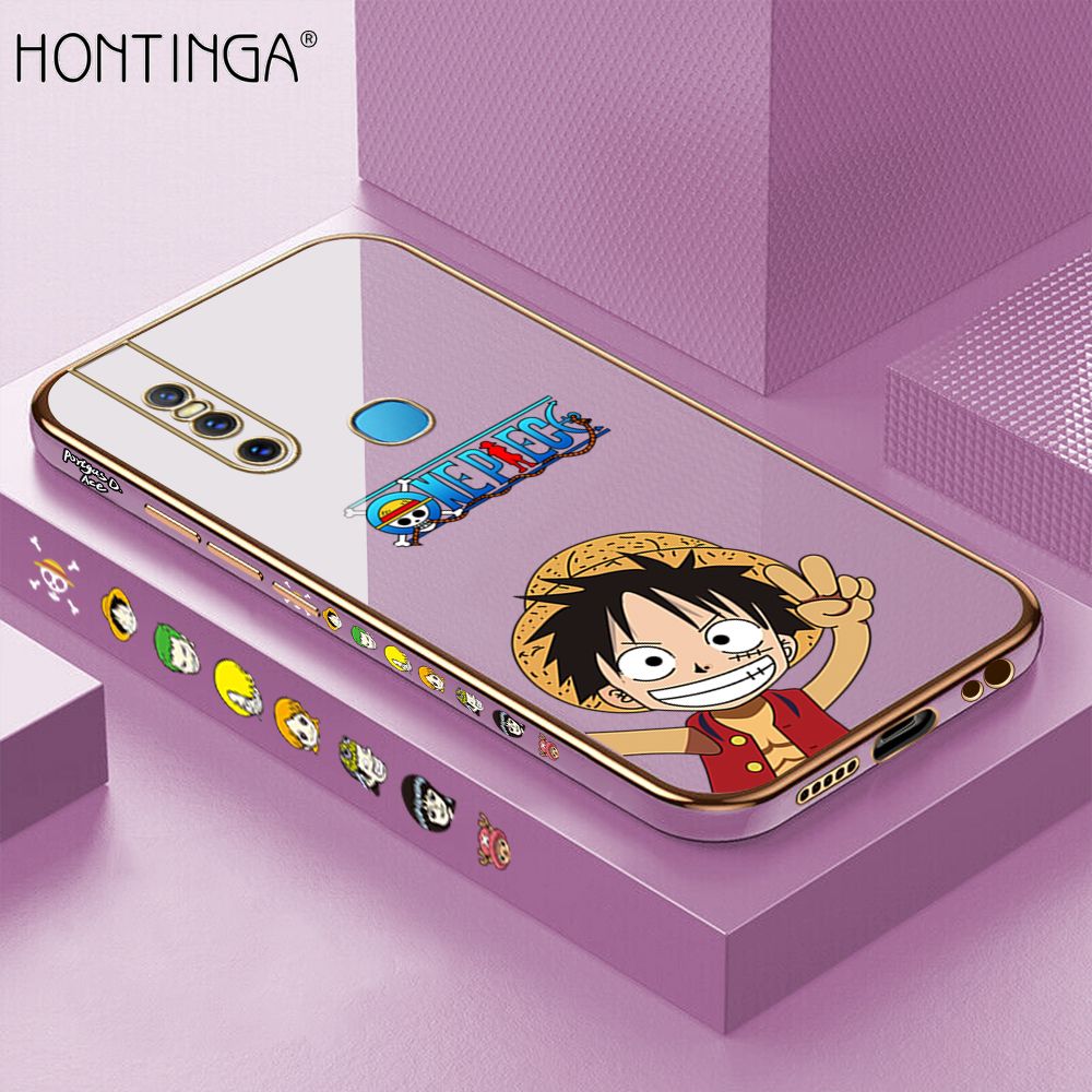 Hontinga for Vivo V15 Back Cover + Free Lanyard Luxury 6D Plating Anime Cartoon Happy Luffy Side Pattern Case Soft Silicone Square Mobile Cover