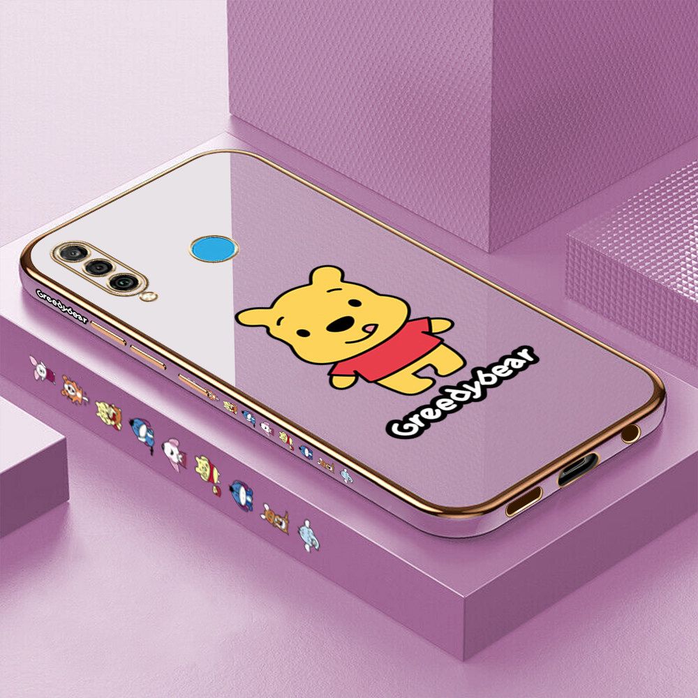 Luxury 6D Plating Case for Huawei Nova 4E Squirming Little Sweet Bear Side Pattern Back Cover Soft Silicone Square Frame Shiny Bling Phone Cases + Free Lanyard