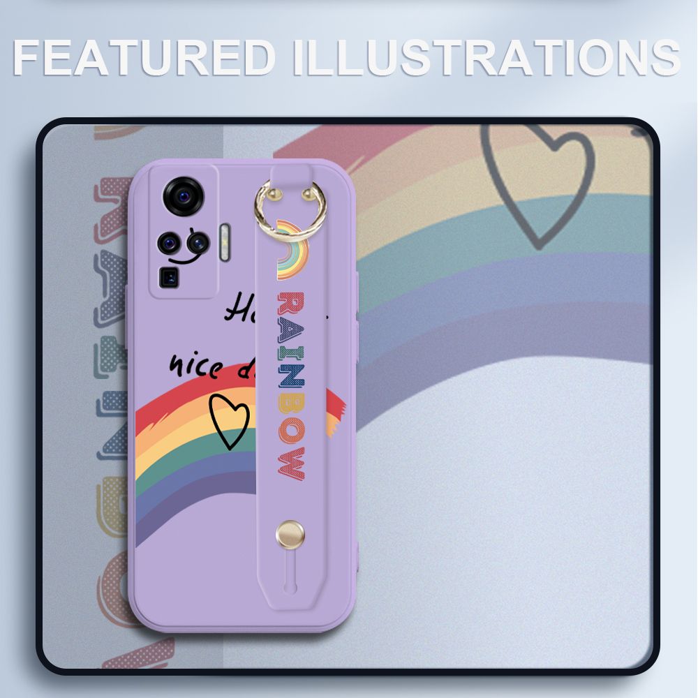 UCUC for Vivo X50 Pro 5G Wrist Strap Case INS Style Smile Rainbow Cover Ultra Thin Anti Fall Liquid Silicone Phone Case