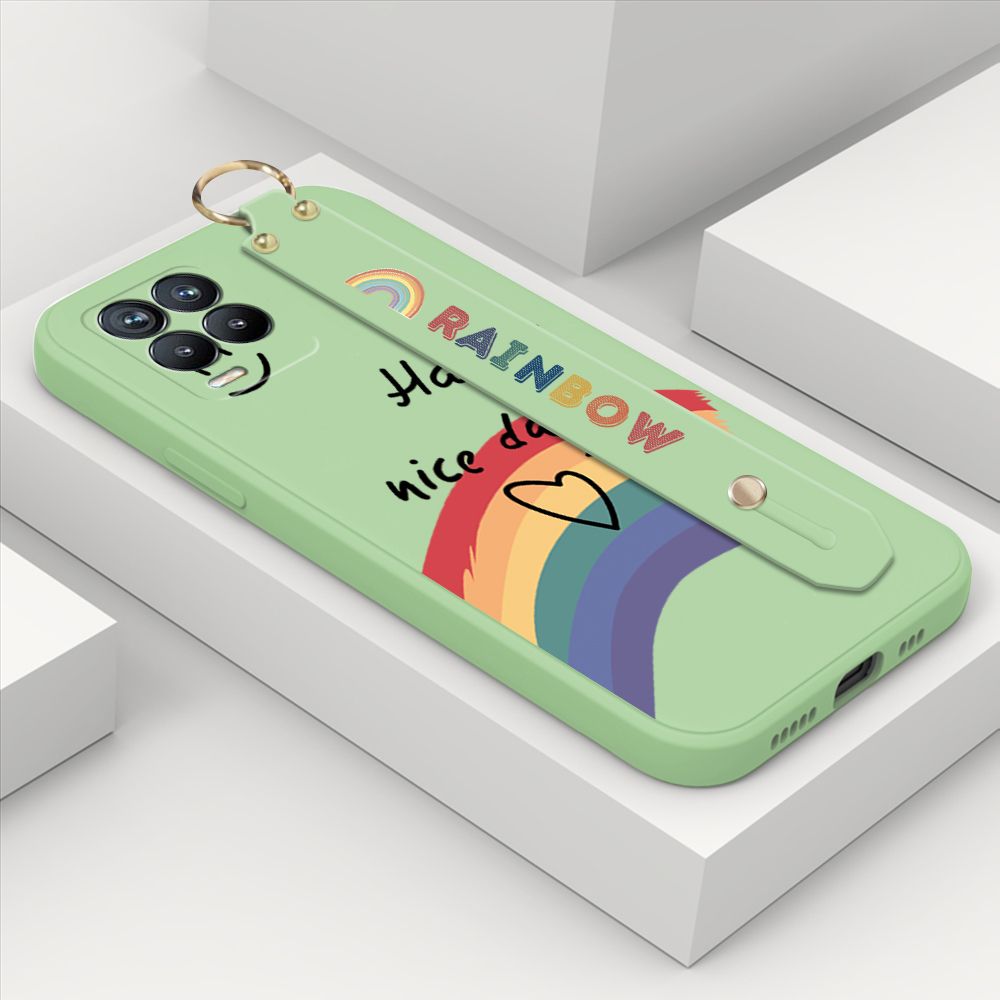 ZeroQiQi for Realme 8 Wrist Strap Case Lovely Graffiti Rainbow Smile Thin Phone Cover Square Edge Liquid Silicone Creativity Phone Case
