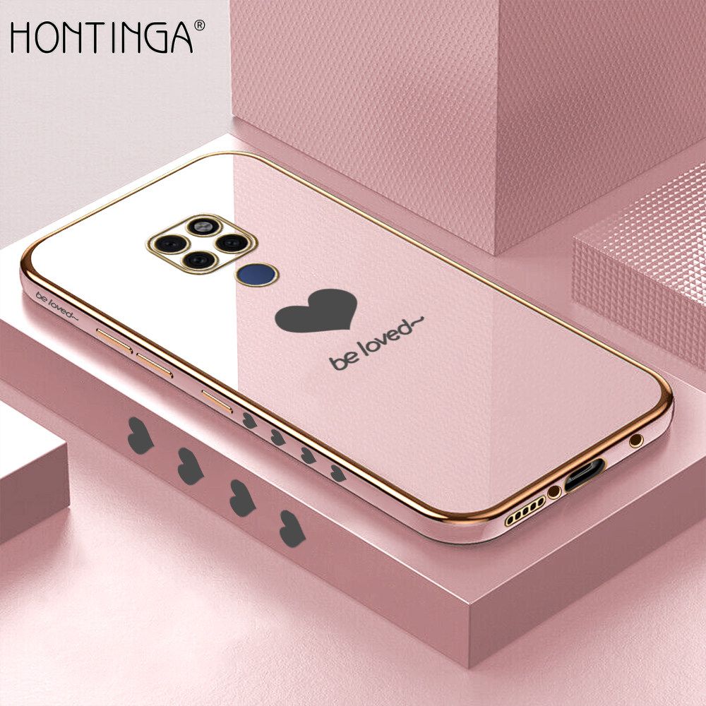 Hontinga for Huawei Mate 20 Back Cover + Free Lanyard Luxury 6D Plating Cartoon Lover Heart Side Pattern Case Soft Silicone Square Phone Cases