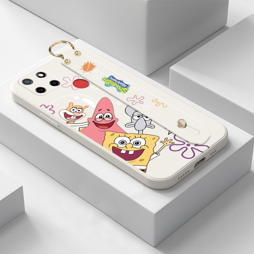 ZeroQiQi for Realme C12 Wrist Strap Case Cute Cute Funny Cartoon Sponge for Square Pants Cover Square Edge Liquid Silicone Anti-drop Phone Case