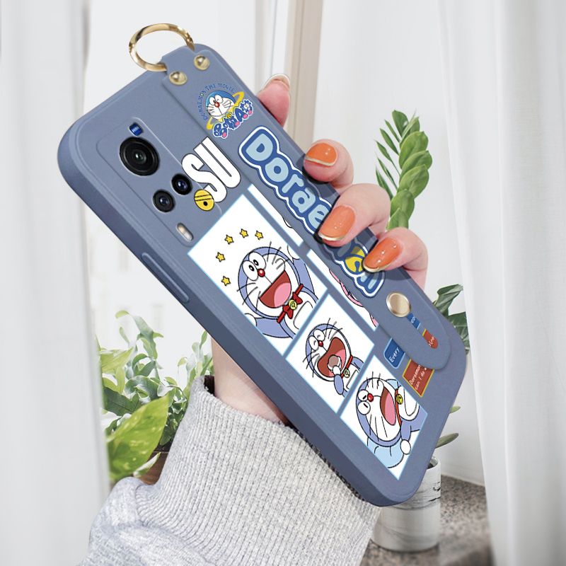 Jizetin for Vivo X60 5G Wrist Strap Case Creative Cartoon Doraemon's Daily Life Cover Ultra Thin Anti Fall Liquid Silicone Phone Case